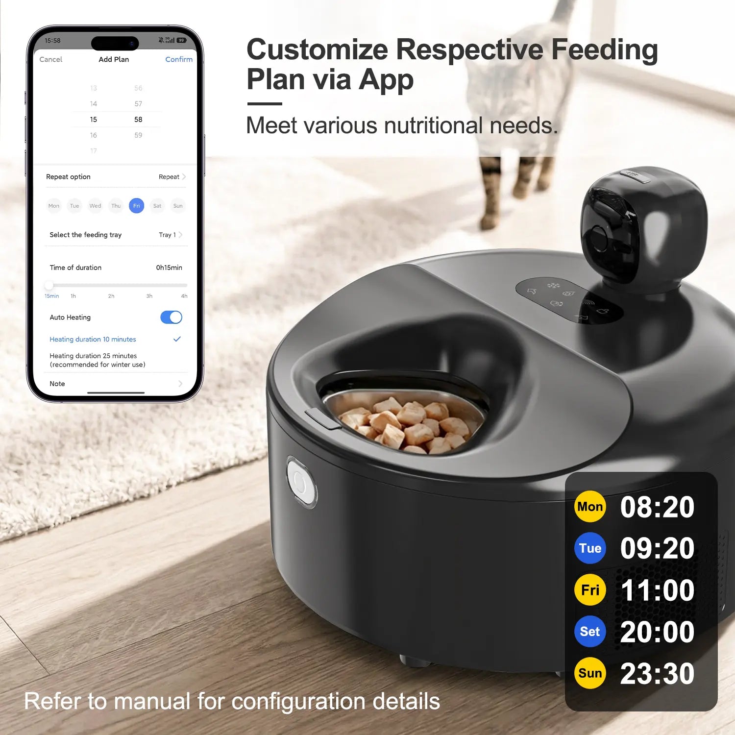 Automatic Pet Feeder Wet Food with 304 Stainless Steel Bowl, Refrigerated Auto Cat Feeder with Semiconductor Cooling, 5 Fresh Meals for 3 Days, App-Controlled Pet Food Dispenser, HD Camera & 300° Wide-Angle Monitor, Meal Warming Function, Easy to Clean Su