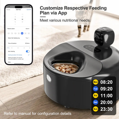 Automatic Pet Feeder Wet Food with 304 Stainless Steel Bowl, Refrigerated Auto Cat Feeder with Semiconductor Cooling, 5 Fresh Meals for 3 Days, App-Controlled Pet Food Dispenser, HD Camera & 300° Wide-Angle Monitor, Meal Warming Function, Easy to Clean Su