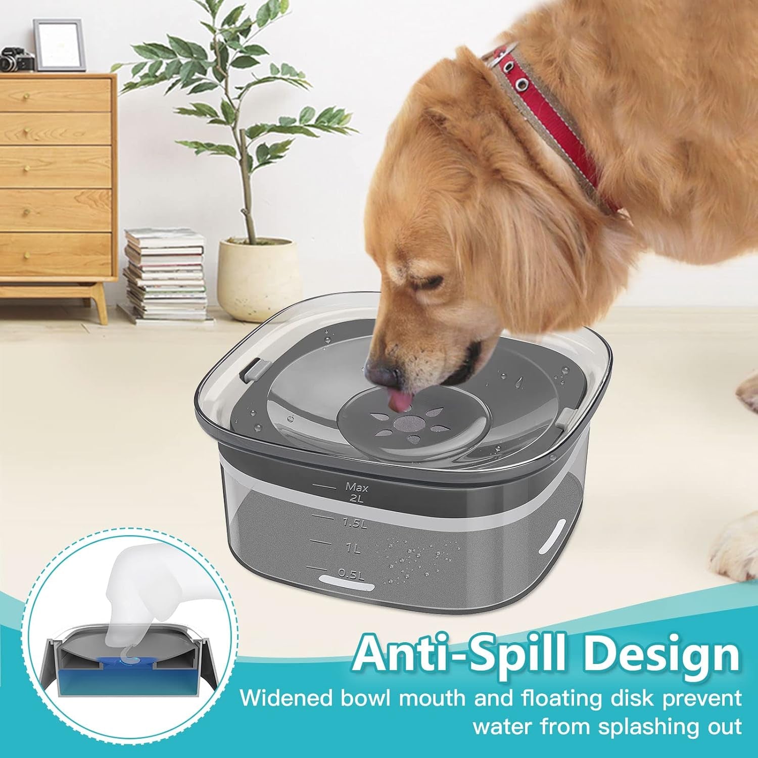 2L Dog Water Bowl 70Oz No Spill Dog Bowl, Slow Water Feeder Spill Proof Travel Water Bowl, Large Capacity Pet Water Dispenser Vehicle Carried Dish for Dogs and Cats