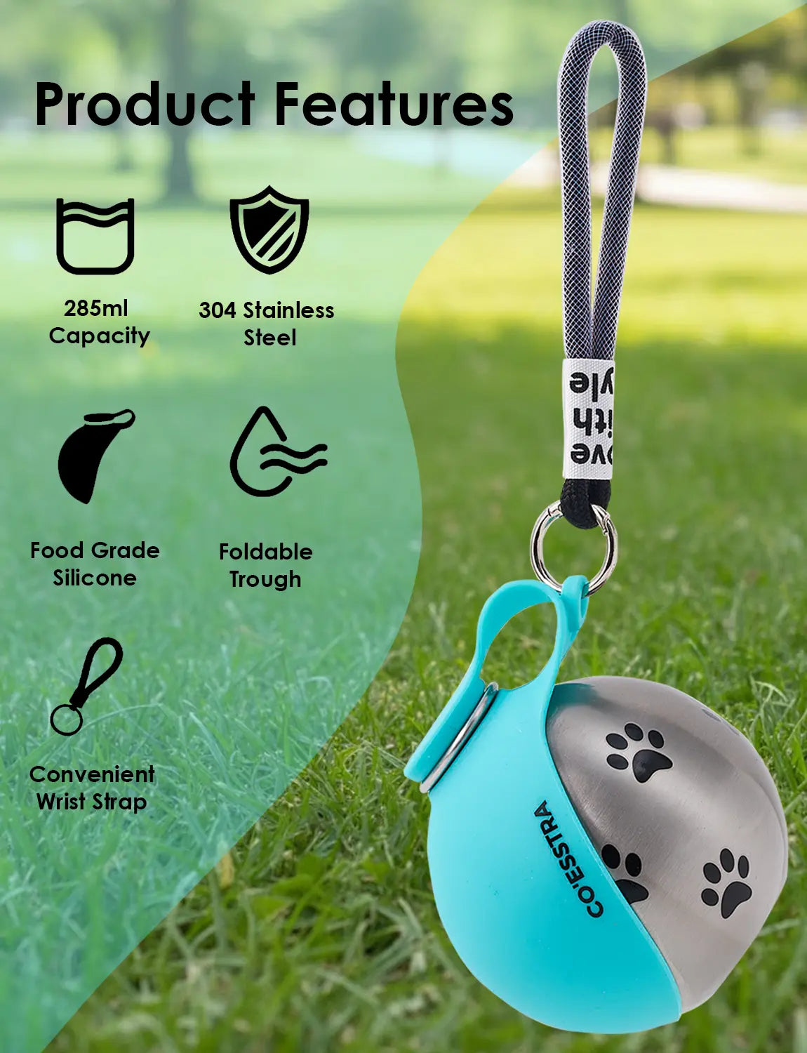 Stainless Pet Water Bottle with Drinking Basin — 285Ml Leak-Proof Travel Bottle for Dogs & Cats Perfect for Walks, Road Trips & Outdoor Play