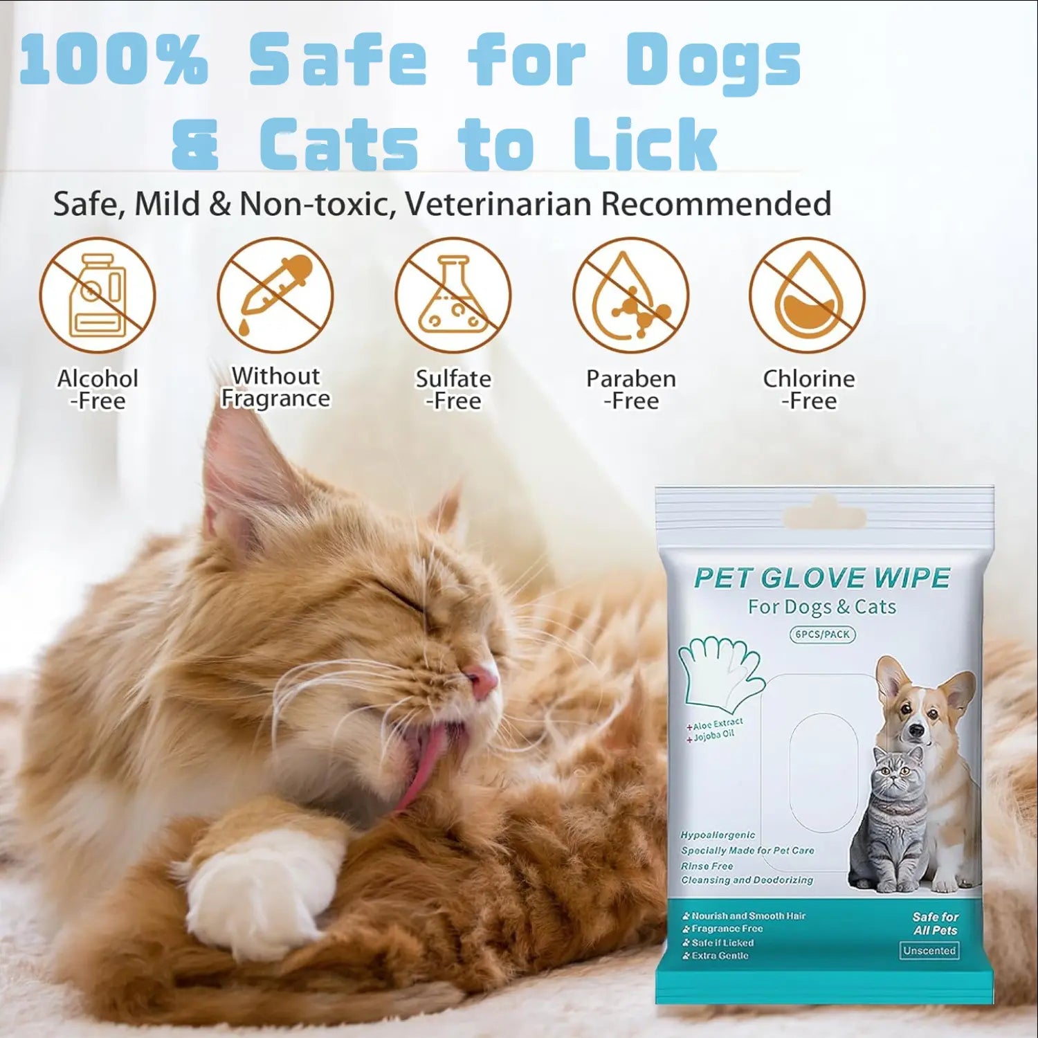 Pet Gloves and Wipes for Dogs and Cats - Dog Washing Gloves,Cat Bathing Wipes,Moisturizing and Thickening,Cleaning and Deodorizing, Hypoallergenic, No Need to Rinse, Suitable for Grooming and Travel（6 PCS)