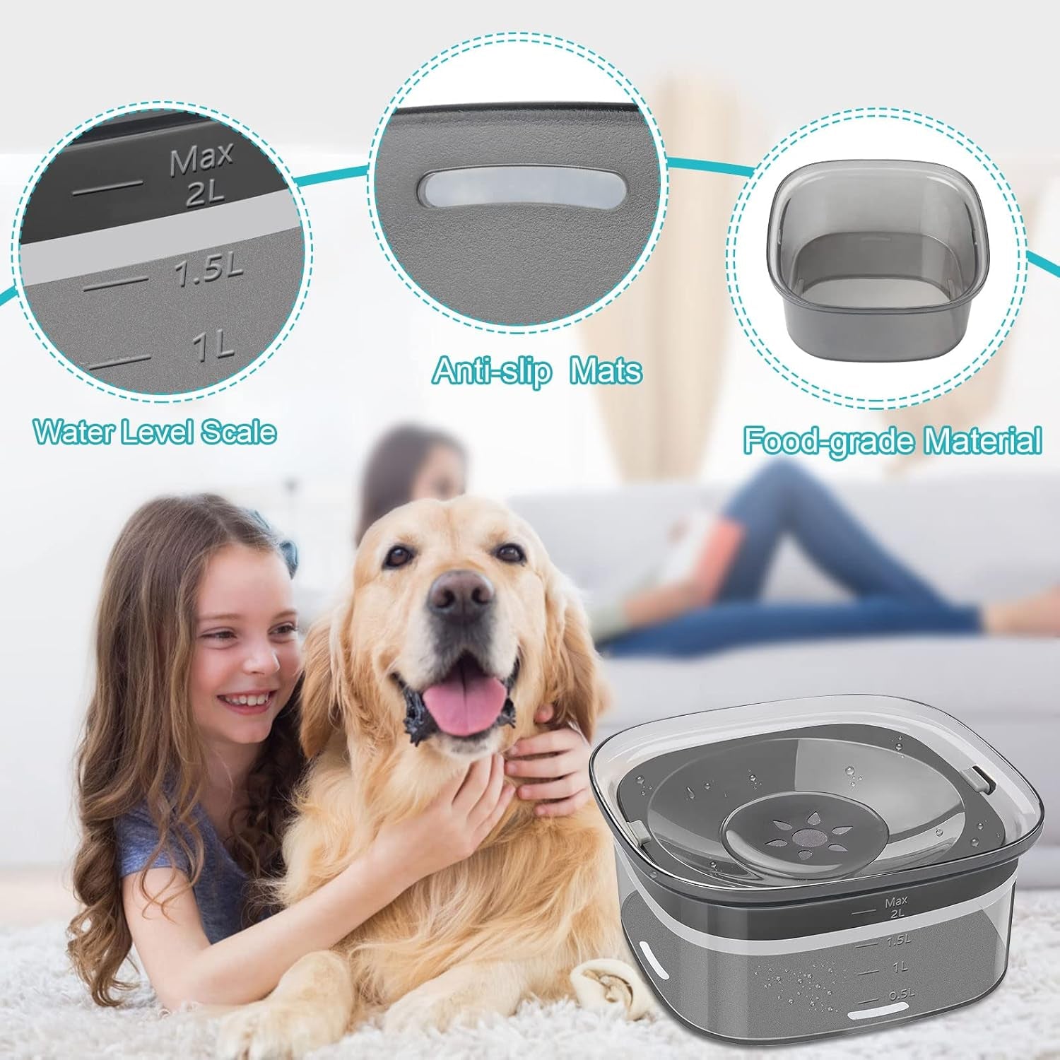 2L Dog Water Bowl 70Oz No Spill Dog Bowl, Slow Water Feeder Spill Proof Travel Water Bowl, Large Capacity Pet Water Dispenser Vehicle Carried Dish for Dogs and Cats