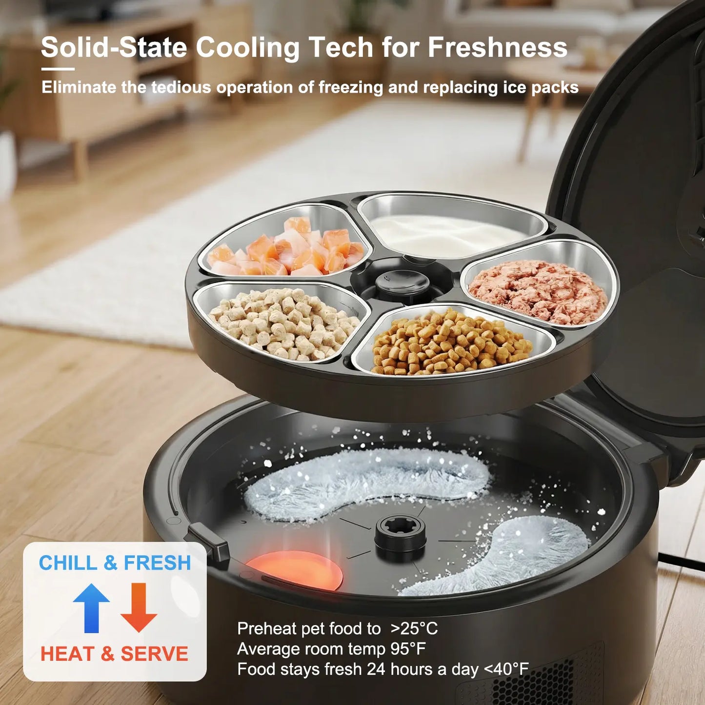 Automatic Pet Feeder Wet Food with 304 Stainless Steel Bowl, Refrigerated Auto Cat Feeder with Semiconductor Cooling, 5 Fresh Meals for 3 Days, App-Controlled Pet Food Dispenser, HD Camera & 300° Wide-Angle Monitor, Meal Warming Function, Easy to Clean Su