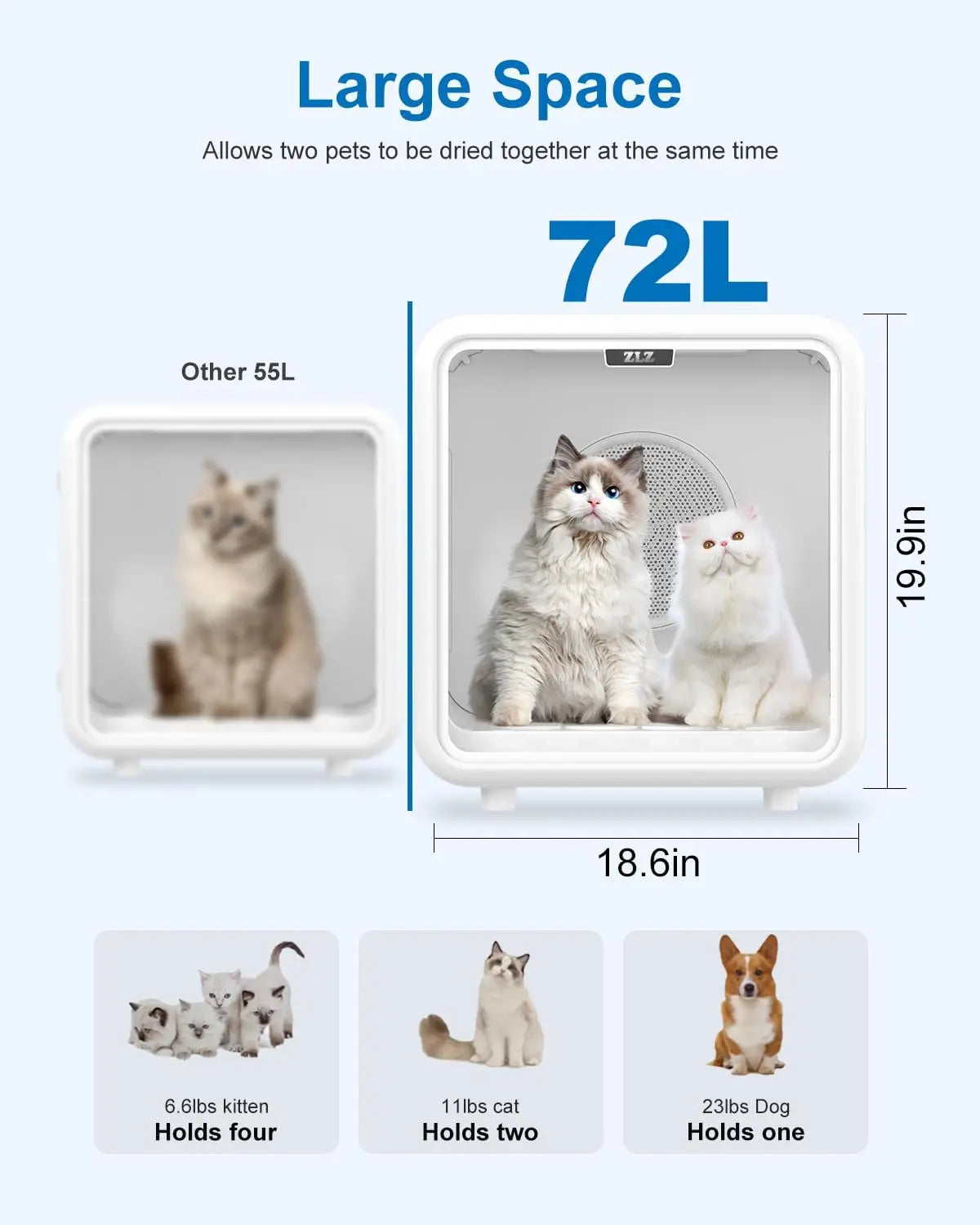 Pet Dryer Box for Cats & Dogs – 72L Quiet Hair Drying Machine with Adjustable Temp, Blow Air Function – Portable Dog Dryer for Home Bathing, Pet Drying Kit